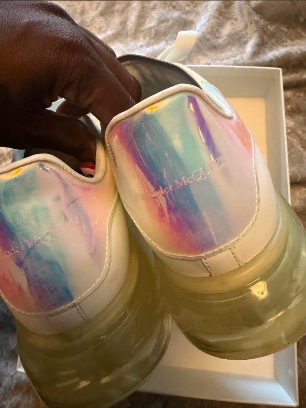 Alexander McQueen Adult White Sneakers with Iridescent Pastel Heel Tab